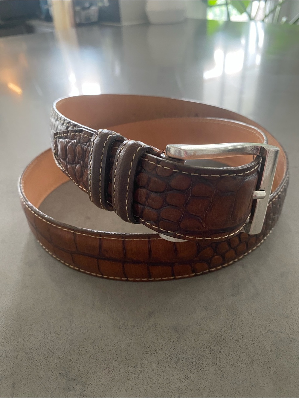 Martin Dingman Brown Alligator Saddle Leather Embossed Belt Silver Buckle 38